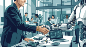 Human and AI collaborating on business strategy in a modern office.