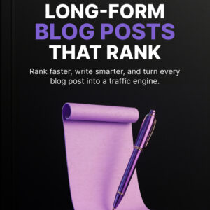 Cover art for the Long-Form Blog Posts That Rank course, featuring a purple notepad and pen on a matching pedestal