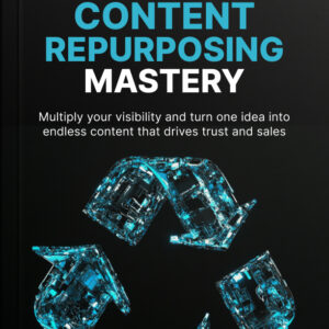 Book cover for Content Repurposing Mastery with a blue, glowing recycle symbol made of digital code on a black background.