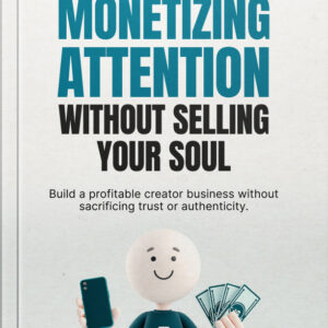Book cover for "Monetizing Attention Without Selling Your Soul" featuring a cartoon illustration of a smiling creator holding a smartphone and a fan of cash.