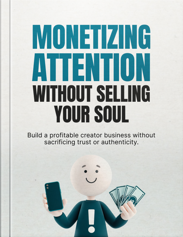 Book cover for "Monetizing Attention Without Selling Your Soul" featuring a cartoon illustration of a smiling creator holding a smartphone and a fan of cash.