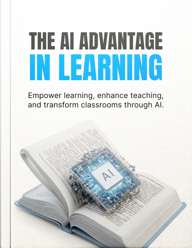 Book cover of "The AI Advantage in Learning" featuring an open book with a glowing blue AI microchip.